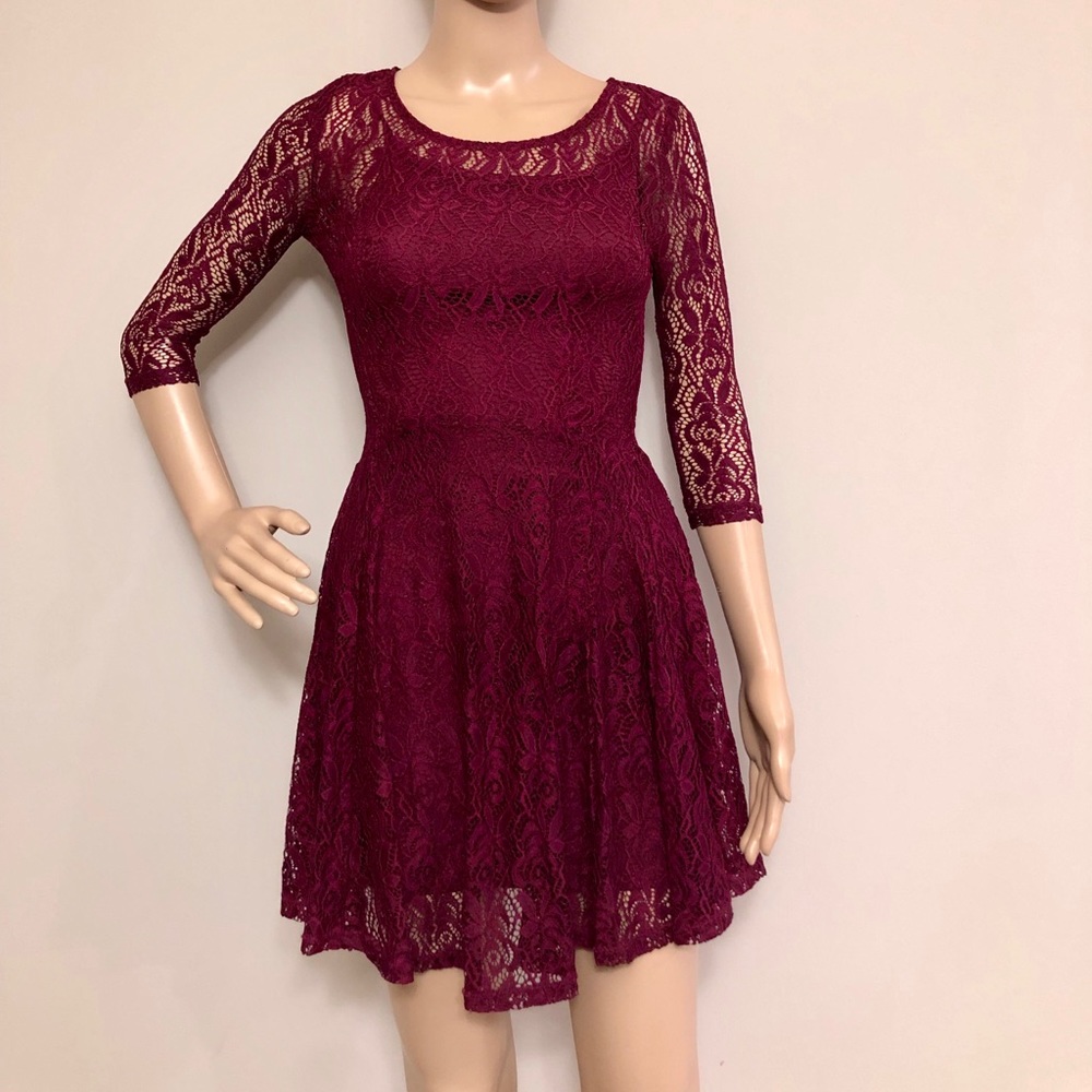 Long Sleeve Burgundy Lace Mini A-Line Dress, WOO